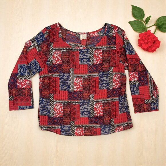 Japna Tops - Japna open back red patchwork print blouse
